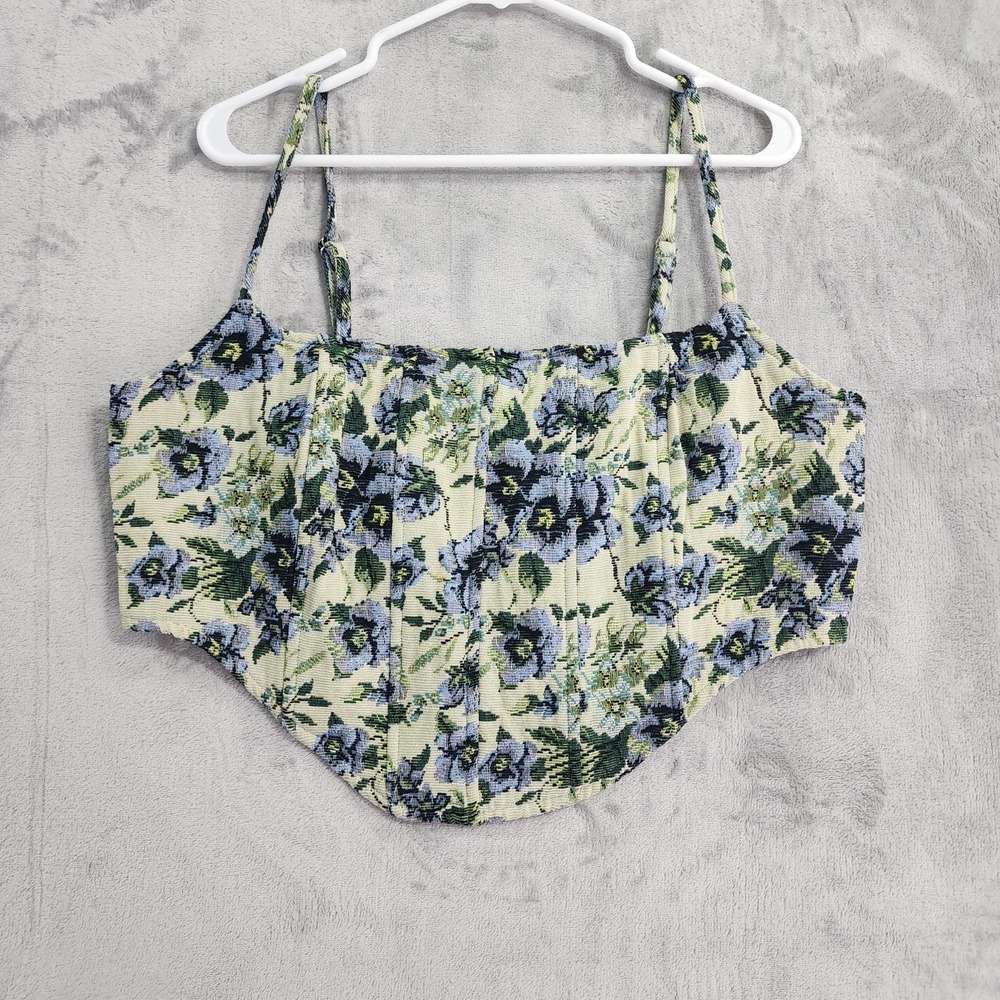 NEW Fashion Nova Top Womens 1X Green Blue Floral Jacquard Merida Corset Crop